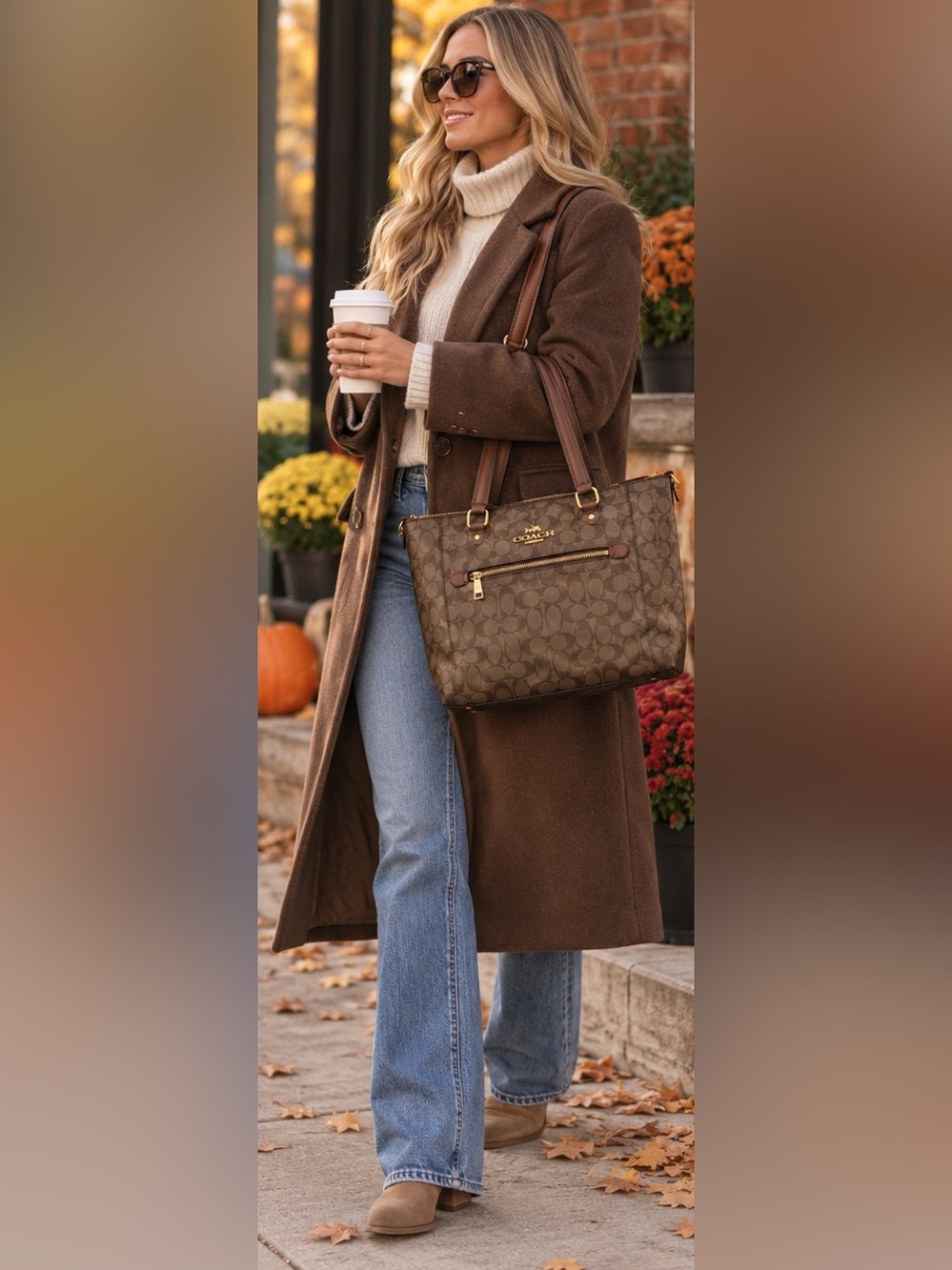 Coach Brown Signature Canvas Tote with Dark Brown Leather Straps
